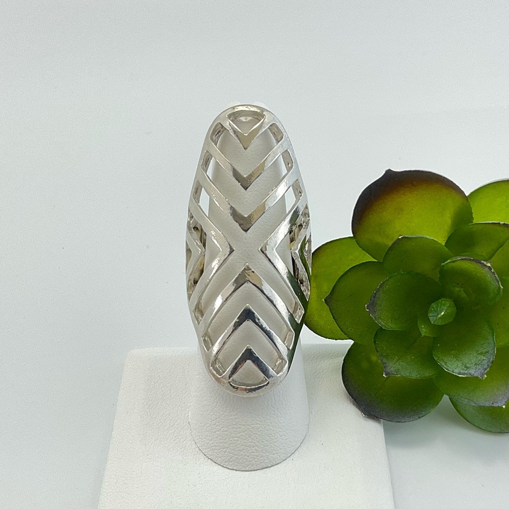 Silver Geometric Cocktail Ring, Stretch Statement… - image 2